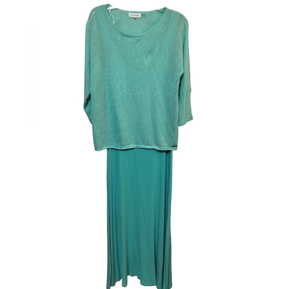 1863) Calvin Klein Aqua Blue Maxi Dress with Attached Sweater Size Medium